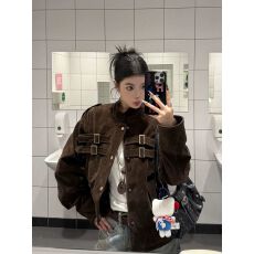 批发春秋季美式复古cleanfit绑带设计感麂皮绒高级感夹克男女短款<b class='q'>外套</b>