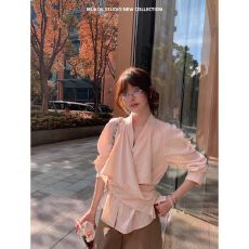 批发小个子绑带结构设计感小众收腰廓形<b class='q'>衬衫女</b>时尚长袖上衣