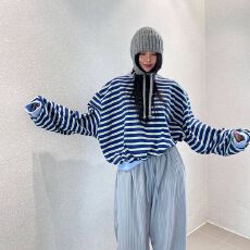 批发章若楠同款Gwin<b class='q'>韩国</b><b class='q'>代购</b>春秋季新款少女风宽松条纹休闲卫衣女