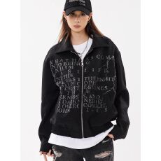 批发美式复古百搭高街字母印花翻领<b class='q'>夹克</b>春秋新款男女小众潮流设计外套