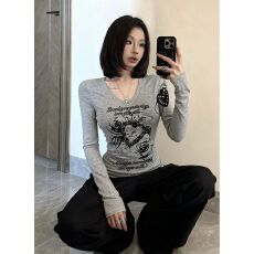 批发纯棉正肩 V领长袖字母<b class='q'>欧美</b>风烫印常规<b class='q'>T</b><b class='q'>恤</b>内搭性感