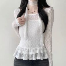 批发韩国chic秋冬减龄复古小众设计感气质温柔花边<b class='q'>裙摆</b>长袖蕾丝衫女