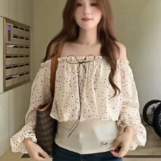 批发大码胖mm法式一字肩波点<b class='q'>长袖</b><b class='q'>衬衫</b>女秋季设计感假两件别致显瘦上衣
