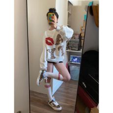 批发2026美式复古潮牌豹纹字母圆领套头卫衣女宽松百搭<b class='q'>街头</b>上衣
