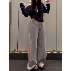 批发美式oversize灰色字母印花运动裤女夏季薄款宽松休闲<b class='q'>百搭</b>阔腿长裤