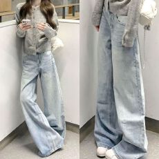 批发今年流行浅蓝色阔腿裤牛仔裤女小个子高腰宽松显瘦<b class='q'>韩版</b>简约拖地裤