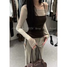 批发韩版26早秋新款斜肩假两件长袖<b class='q'>T</b><b class='q'>恤</b>显瘦拼接百搭修身打底衫上衣
