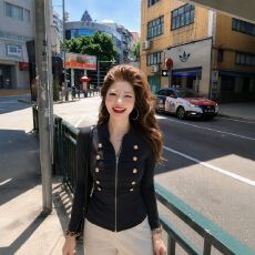 批发美式复古立领拉链长袖外套女秋季新款<b class='q'>黑色</b>修身显瘦金属扣百搭上衣