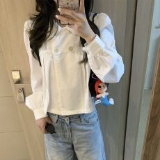 批发韩系复古白色花边娃娃领<b class='q'>长袖</b><b class='q'>衬衫</b>双排扣宽松显瘦设计感早秋上衣女