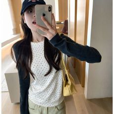 批发韩系复古纯棉炭灰撞色长袖圆领T恤女秋季插肩内搭打底衫<b class='q'>休闲</b>上衣