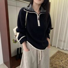 批发法式黑色半拉链大翻领套头<b class='q'>毛衣</b><b class='q'>女</b>秋冬季高级感宽松软糯针织衫上衣
