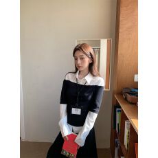 批发设计感小众撞色拼接翻领长袖上衣女装<b class='q'>秋冬</b>新款修身显瘦假两件衬衫