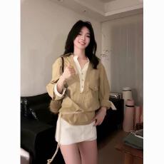 批发卡其色撞色老钱风V领假两件衬衫女秋松弛感轻熟高级外穿长袖衬衣