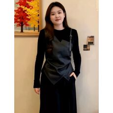 批发大码黑色pu皮拼接<b class='q'>假两件</b>针织衫女早春胖mm显瘦掐腰内搭超好看上衣