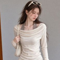 批发百搭假两件拼接别致撞色长袖t恤女秋冬新款独特辣妹<b class='q'>修身</b>显瘦上衣