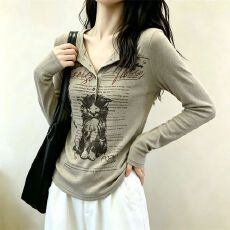 批发美式复古印花t恤女款秋冬大码胖mm半袖领正肩<b class='q'>修身</b>长袖上衣打底衫