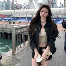 批发你的懒懒llan【伦敦往事】慵懒松弛感复古<b class='q'>牛仔</b>外套+短裤<b class='q'>套装</b>女新