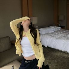 批发黄色格纹拼接毛针织衫女长袖<b class='q'>修身</b>显瘦复古上衣