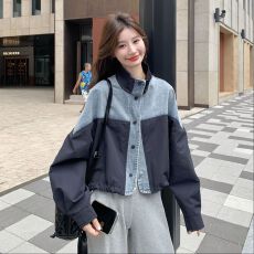 批发欧货<b class='q'>牛仔</b>拼接立领外套2026新款宽松休闲短款小个子夹克上衣