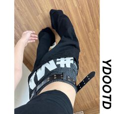 批发美式复古腰头拼接字母印花牛仔裤子男女款小众设计感显瘦直筒长裤