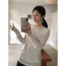 批发设计感双层领假两件长袖<b class='q'>t</b>恤女早秋薄款修身显瘦韩系防晒罩衫上衣