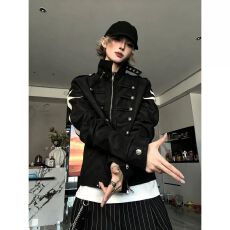 批发亚文化黑色朋克排扣<b class='q'>夹克</b>男款秋季痞帅短款机车皮衣设计感复古外套