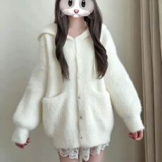 批发水貂绒可爱兔耳朵<b class='q'>针织</b>毛衣外套女秋冬宽松学院风慵懒软糯连帽开衫