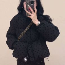 批发小个子波点立领植绒波点短款夹棉棉服女<b class='q'>冬</b>季新款显瘦保暖棉衣外套