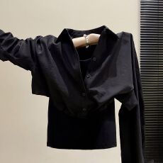 批发小众辣妹假两件<b class='q'>衬衫女</b>早秋新款翻领半开扣衬衣收腰短款美拉德上衣