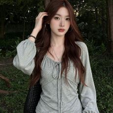 批发复古甜酷风小众辣妹长袖t恤别致秋<b class='q'>冬</b>新款系带设计感显瘦修身上衣