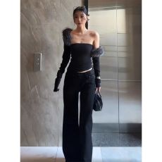 批发美式辣妹风毛领<b class='q'>长袖</b>坎肩打底衫女秋季新款气质内搭抹胸上衣<b class='q'>两件套</b>