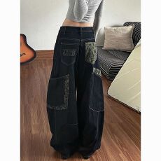 批发美式复古豹纹拼接弯刀<b class='q'>牛仔裤</b>女夏季新款设计感直筒阔腿工装裤子潮
