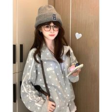 批发美式复古星星满印立领夹克外套女春秋冬2026新潮牌<b class='q'>情侣</b><b class='q'>款</b>拉链卫衣