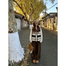 批发韩系条纹复古马甲女装<b class='q'>外套</b>秋冬设计感撞色宽松<b class='q'>显瘦</b>无袖保暖上衣