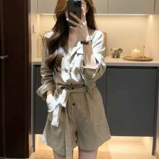 批发2026新款老钱风亚麻衬衫连体裤女高级感收腰显瘦运动休闲<b class='q'>短裤</b>夏季