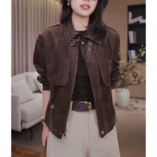 批发【编织风情】复古时尚百搭翻领拉链麂皮<b class='q'>外套</b>女秋新款宽松百搭上衣