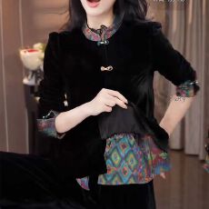 批发26中式国风高级感黑色金丝绒盘扣外套女春秋新款<b class='q'>妈妈装</b><b class='q'>上衣</b>打底衫
