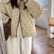 批发2026秋冬复古立领咖色小<b class='q'>碎花</b>宽松显瘦棉服外套女加厚保暖面包服