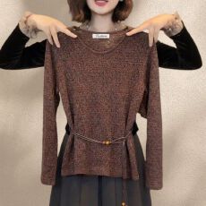 批发咖色镂空打底针织衫毛衣女秋季新款大码<b class='q'>胖</b><b class='q'>mm</b><b class='q'>显瘦</b>系带收腰串珠上衣