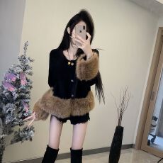 批发快手网红同款高级感毛毛拼接针织毛衣开衫名媛小香风仿水貂绒外套
