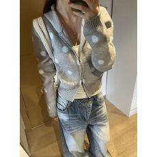 批发汉颂美式复古短款撞色波点连帽毛衣外套<b class='q'>女</b>设计感拉链针织衫外套