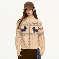 批发韩系复古费尔岛撞色提花拉链毛衣外套<b class='q'>女</b>秋冬圣诞氛围立领针织开衫