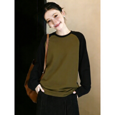 实拍～胖MM大码圆领撞色插肩袖长袖T恤宽松显瘦上衣