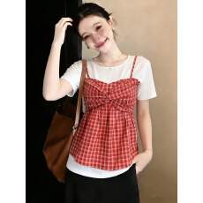 批发实拍～胖MM大码拼接设计感假两件短袖T恤显瘦绑带格子吊带上衣