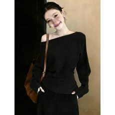 批发实拍～胖MM大码法式斜肩长袖收腰显瘦百搭针织上衣