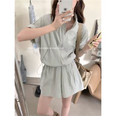 批发<b class='q'>韩国</b>ins博主同款 立领拉链短袖<b class='q'>套装</b> 抽绳短裤休闲风两件套