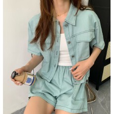 批发韩系酷飒明线套装 翻领口袋短袖<b class='q'>衬衫</b>+松紧腰短裤两件套