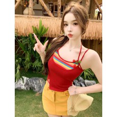 批发多巴胺穿搭假两件吊带女夏 甜酷撞色设计感修身<b class='q'>显瘦</b>内搭短款上衣