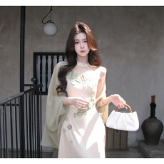 批发木子李的李青岚入袖新中式改良立领<b class='q'>无袖</b>修身晕染气质提花连衣<b class='q'>裙</b>套