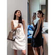 批发法式优雅<b class='q'>亚麻</b>露背U领黑色吊带<b class='q'>连衣裙</b>女春夏新款